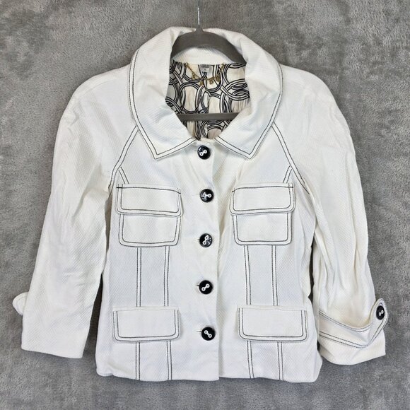 Bebe Jacket Womens 4 White Black Contrast Stitch 3/4 Sleeve Lined Pockets Blazer - Picture 1 of 16